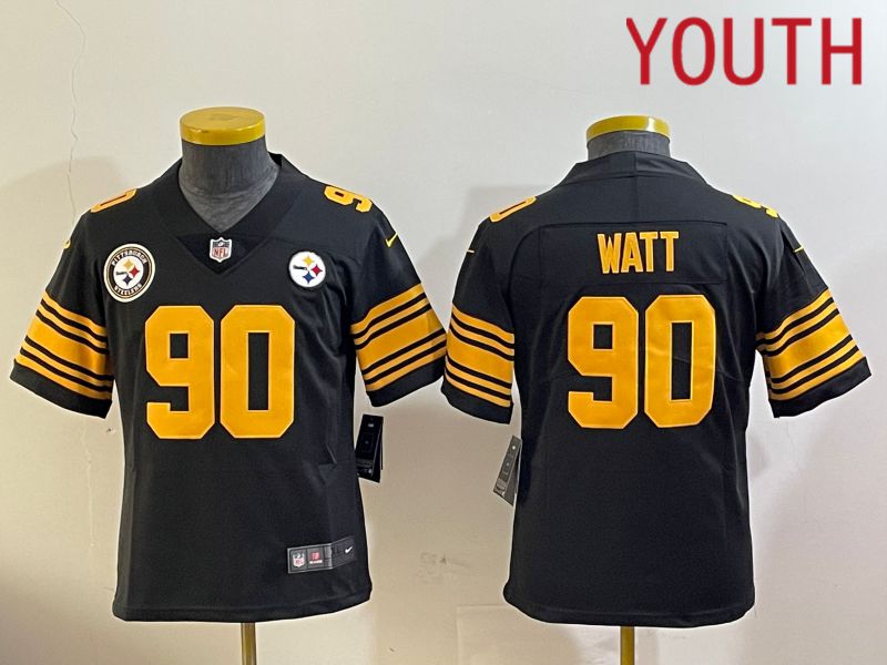 Youth Pittsburgh Steelers #90 Watt Black 2024 Nike Limited NFL Jersey style 1